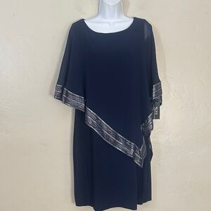 SLNY Navy Asymmetrical Dress with Silver Details